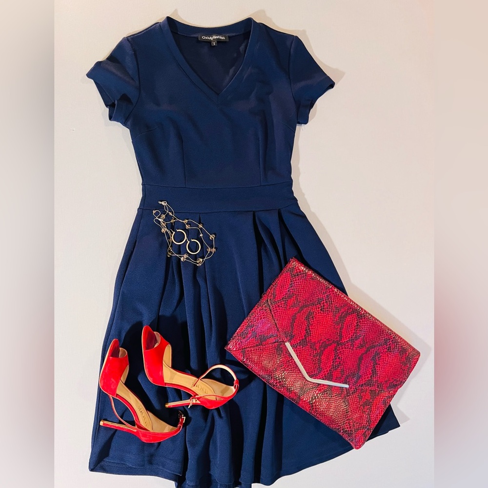 Women's Vintage V-Neck Casual Cocktail Party Tea Dress Knee-Length with Pockets